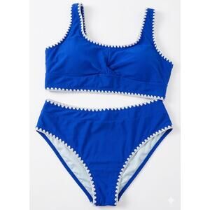 CUPSHE Royal Blue Scalloped High Waisted Bikini Set - Size XL